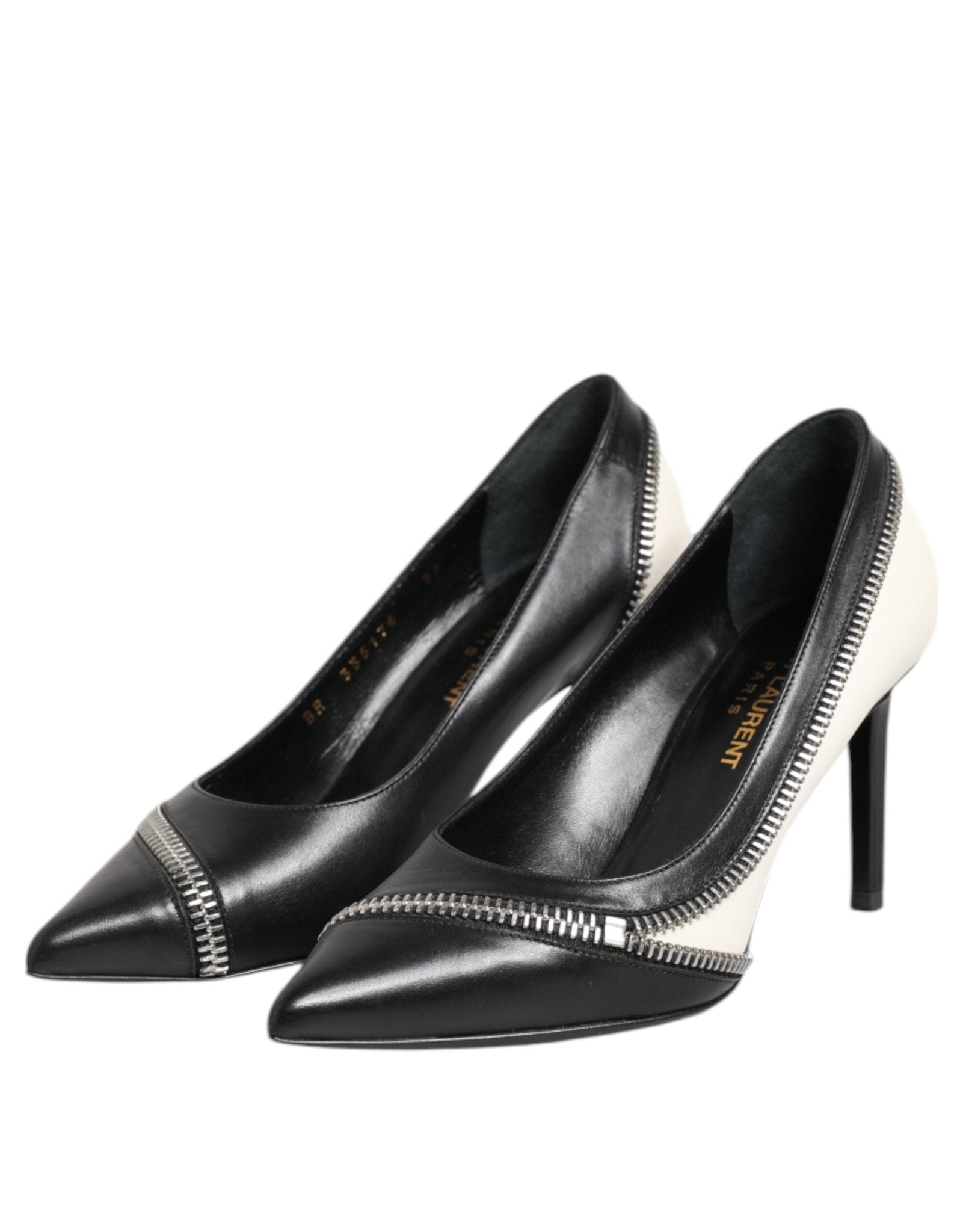 Saint Laurent White Black Leather Pointed Toe Heels Shoes - RIMODA