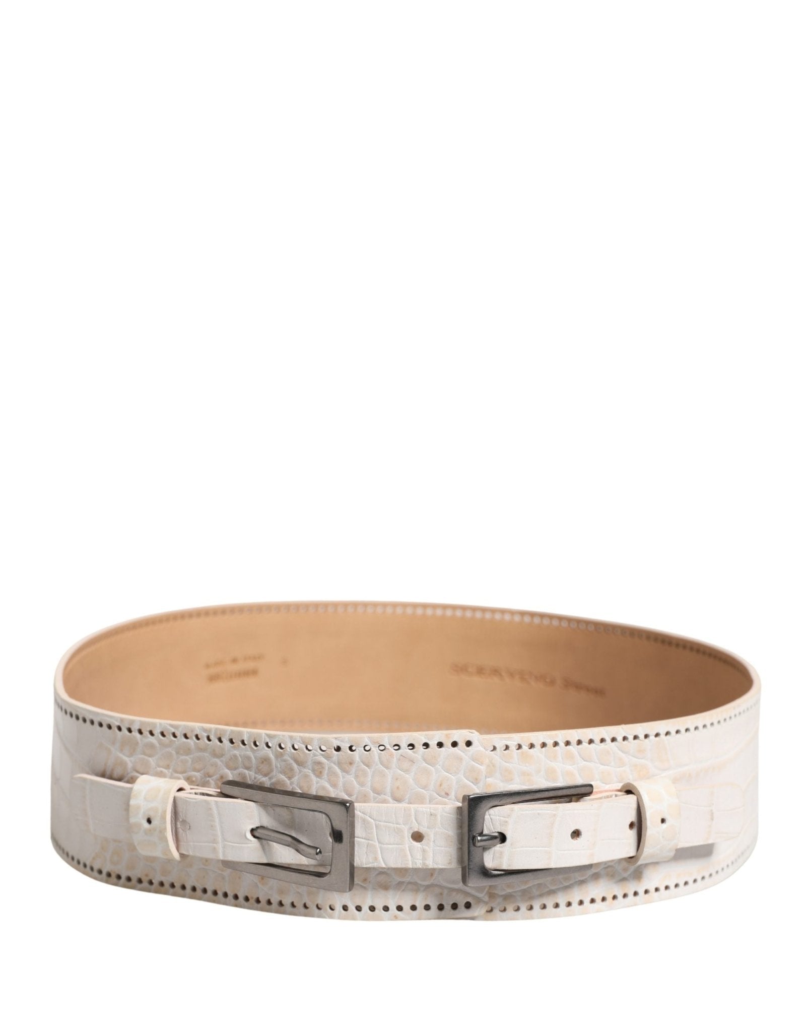 Scervino Street White Textured Leather Wide SilverMetal Buckle Belt - RIMODA