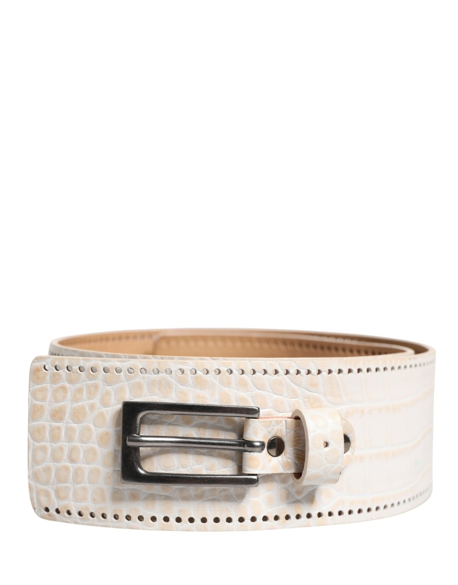 Scervino Street White Textured Leather Wide SilverMetal Buckle Belt - RIMODA