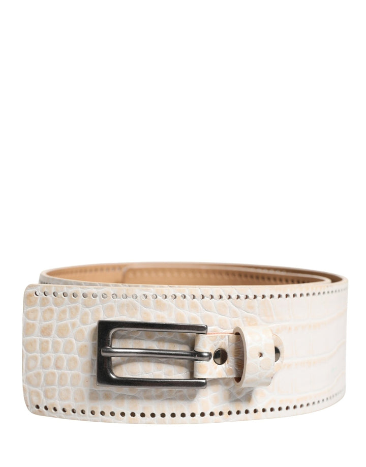 Scervino Street White Textured Leather Wide SilverMetal Buckle Belt - RIMODA