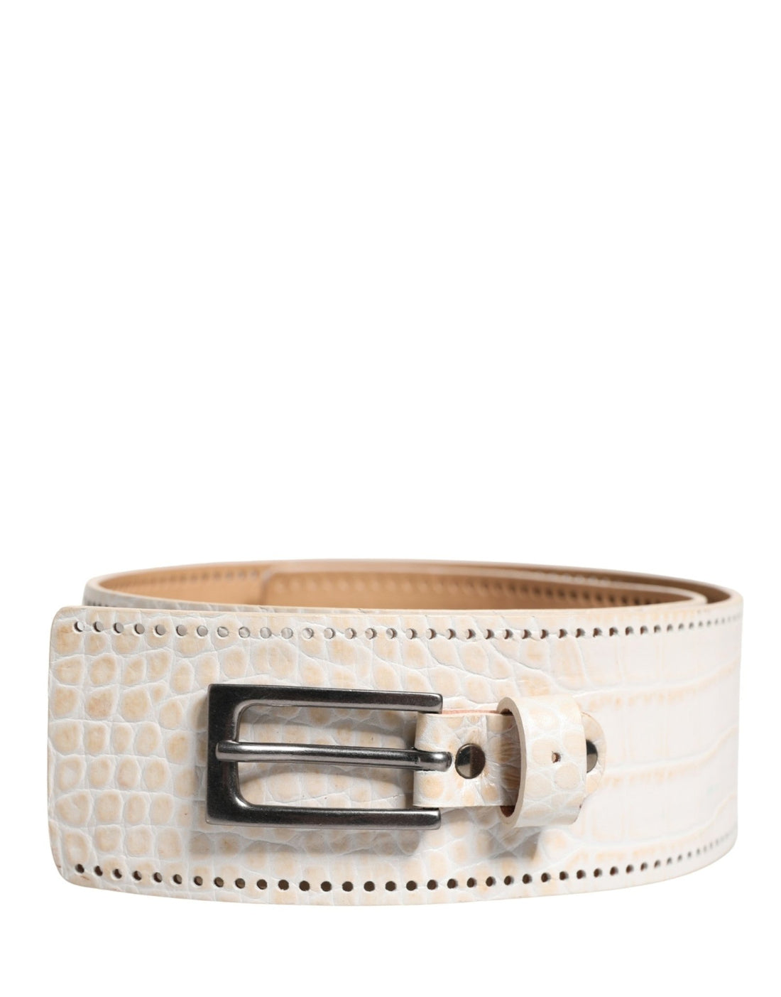 Scervino Street White Textured Leather Wide SilverMetal Buckle Belt - RIMODA