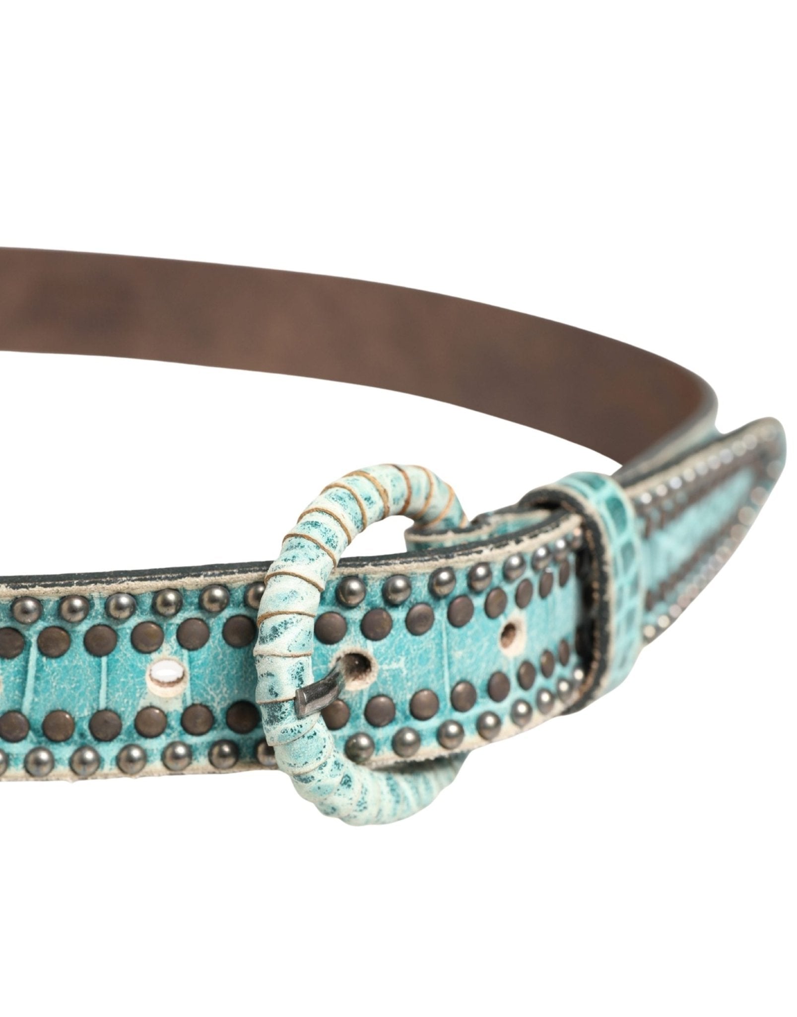 Scervino Street Women Green Leather Croco Print Studded Belt - RIMODA