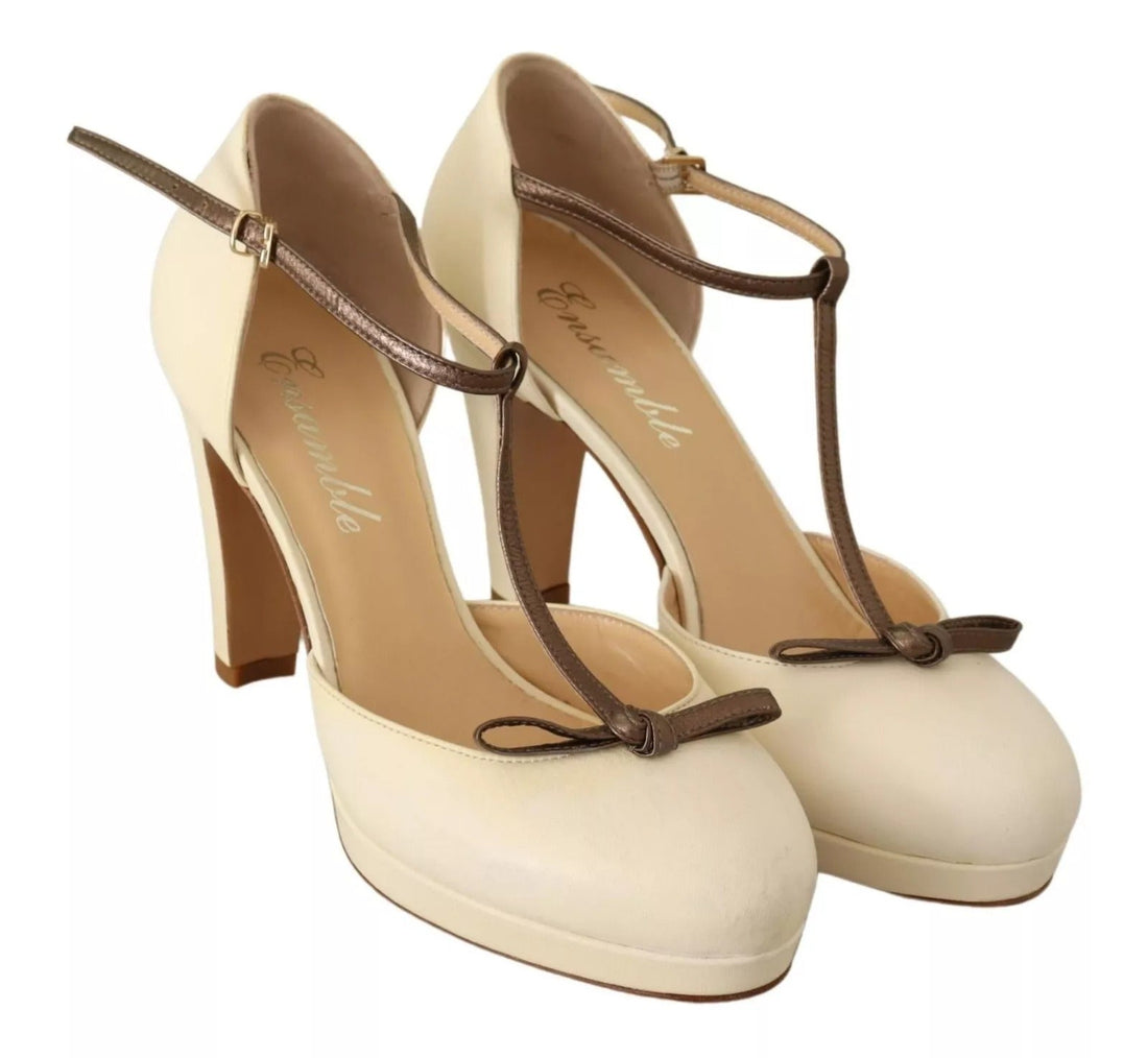 SERGIO LEVANTESI Beige T-Strap Block Heels Pumps Leather Shoes - RIMODA