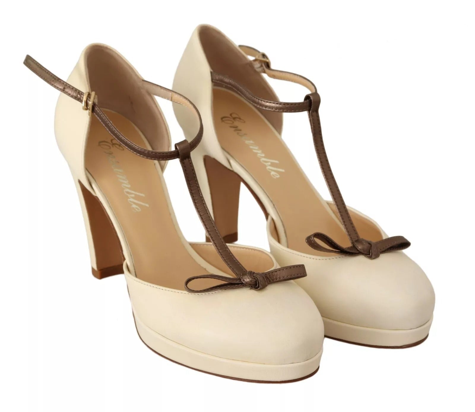 SERGIO LEVANTESI Off White Leather T-Strap Heels Sandals Shoes - RIMODA