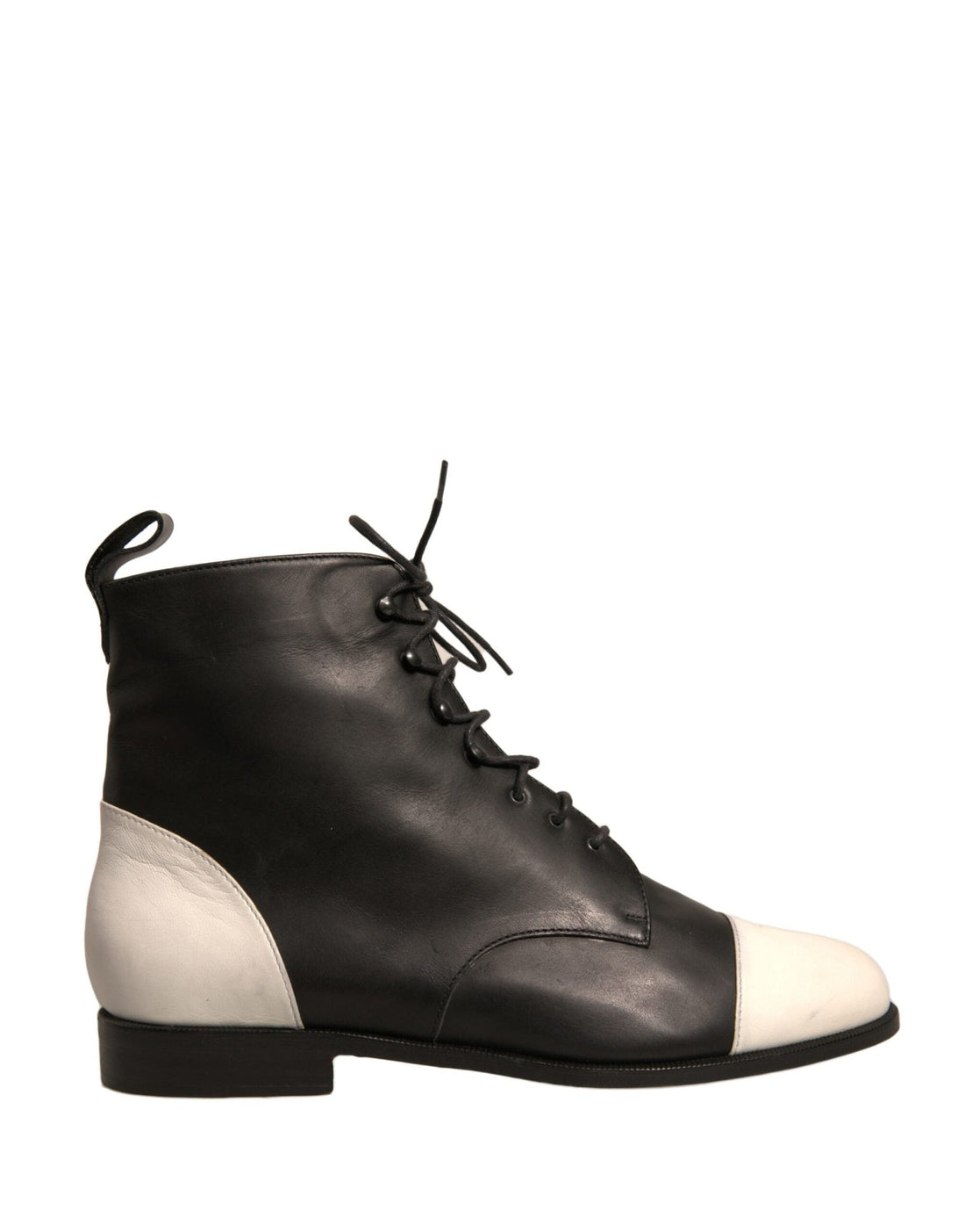 Sergio Rossi Black White Leather Lace Up Flats Ankle Boots Shoes - RIMODA