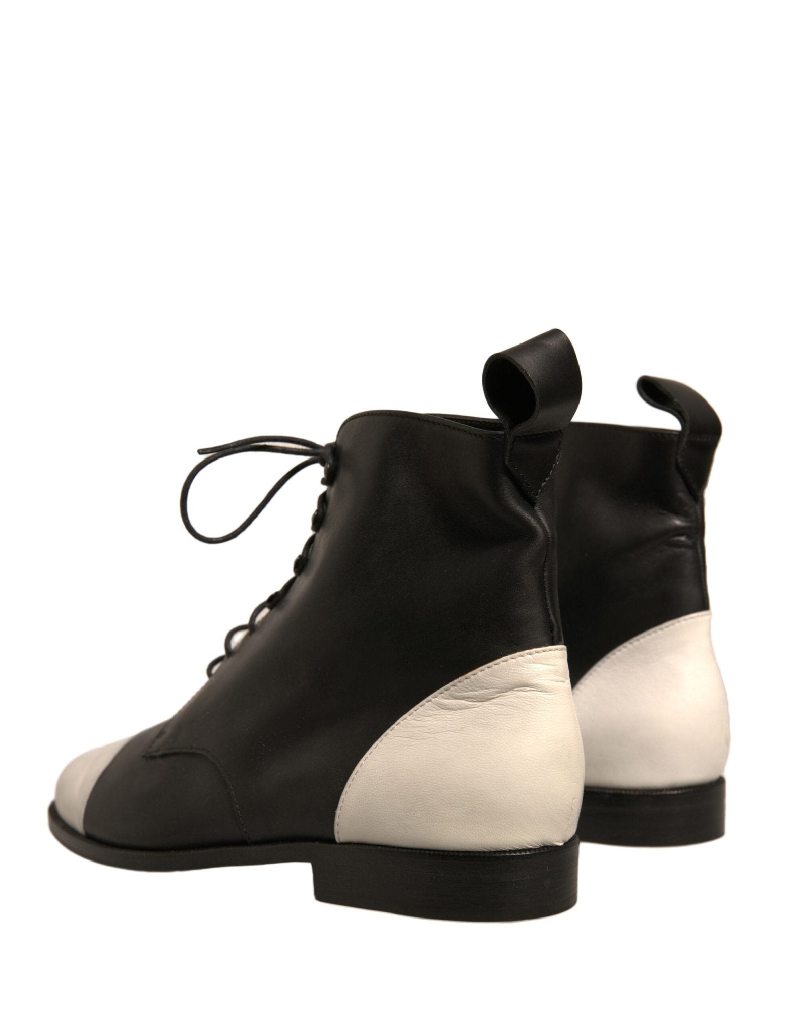 Sergio Rossi Black White Leather Lace Up Flats Ankle Boots Shoes - RIMODA