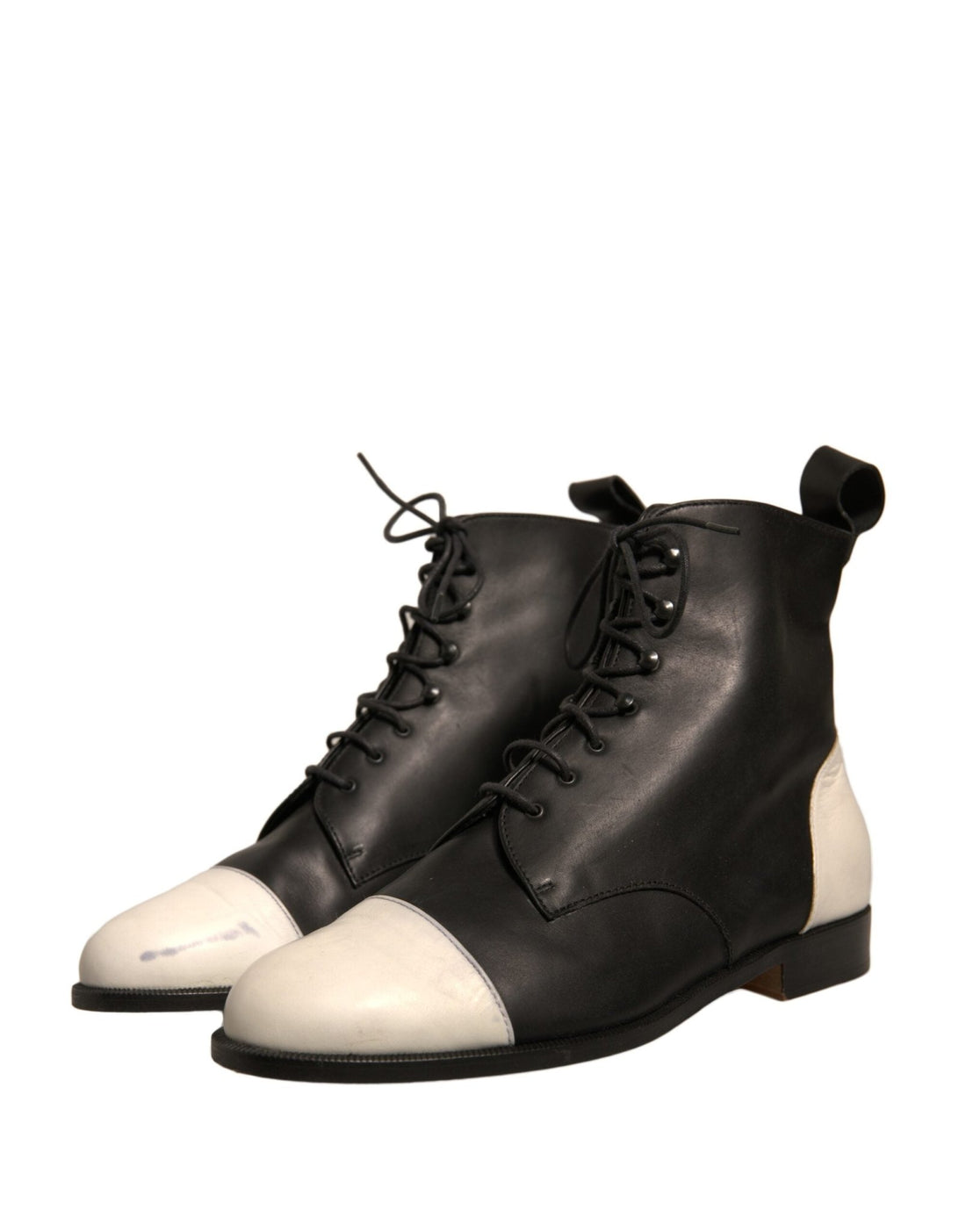 Sergio Rossi Black White Leather Lace Up Flats Ankle Boots Shoes - RIMODA