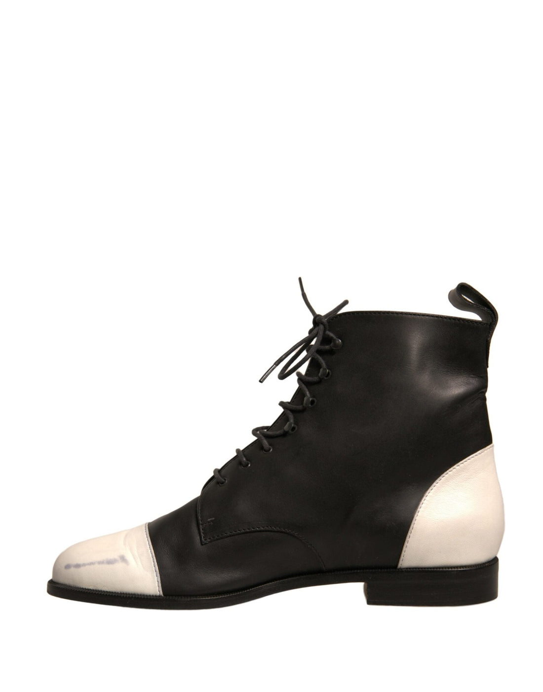 Sergio Rossi Black White Leather Lace Up Flats Ankle Boots Shoes - RIMODA