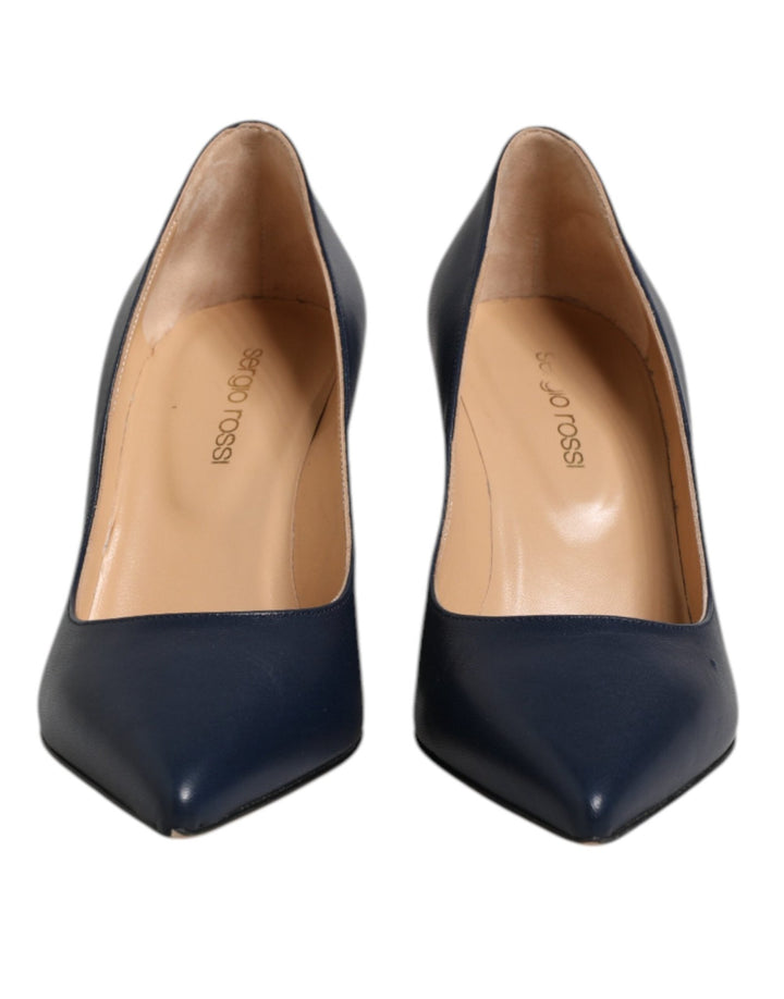 Sergio Rossi Blue Leather Pointed Toe Block Heels Shoes - RIMODA