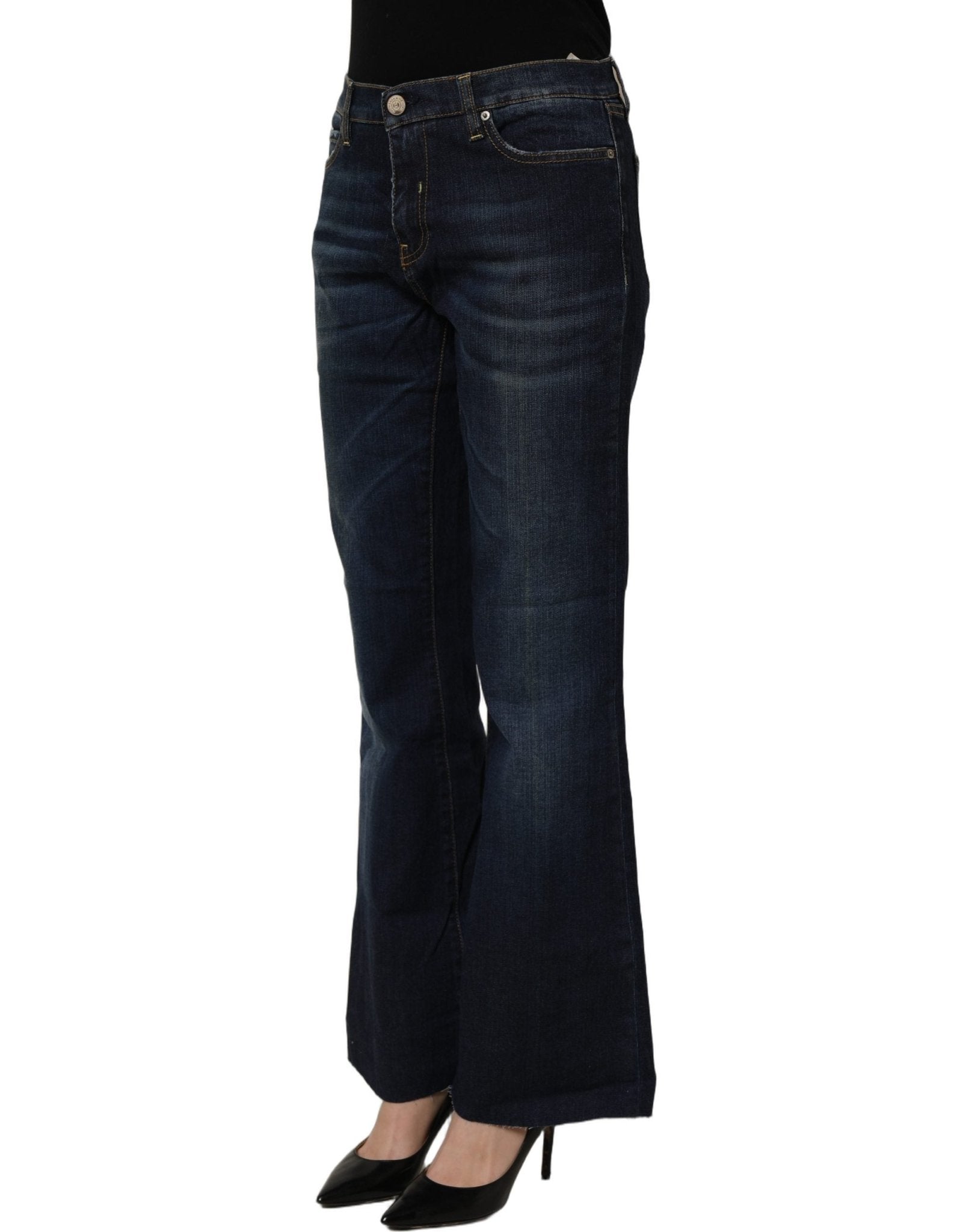 Two women in the world Dark Blue Washed Mid-Waisted Flared Denim Casual Jeans - RIMODA