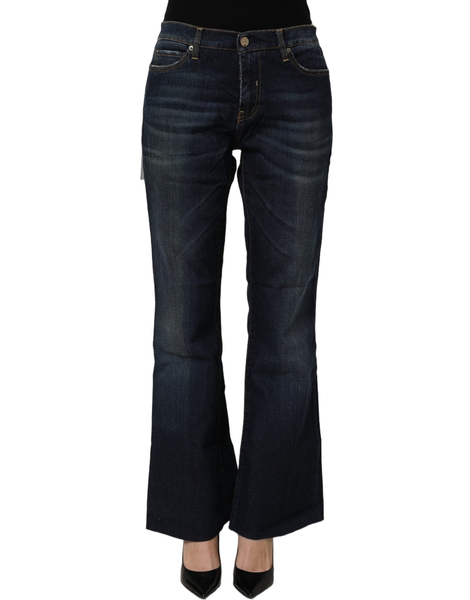 Two women in the world Dark Blue Washed Mid-Waisted Flared Denim Casual Jeans - RIMODA