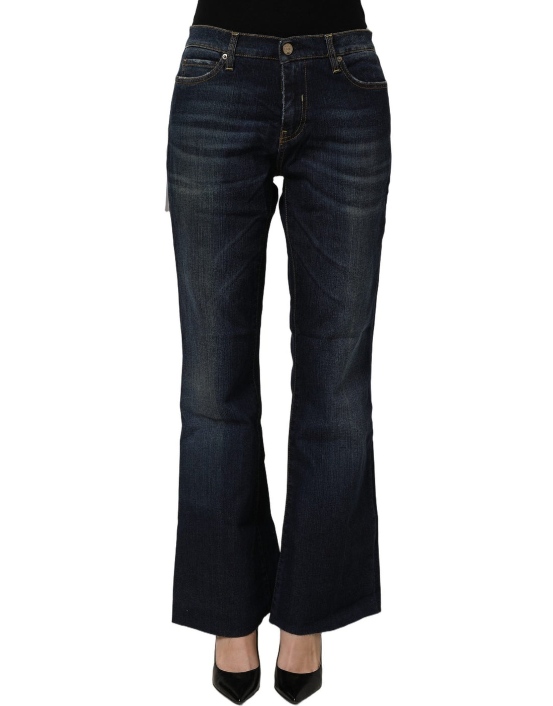Two women in the world Dark Blue Washed Mid-Waisted Flared Denim Casual Jeans - RIMODA