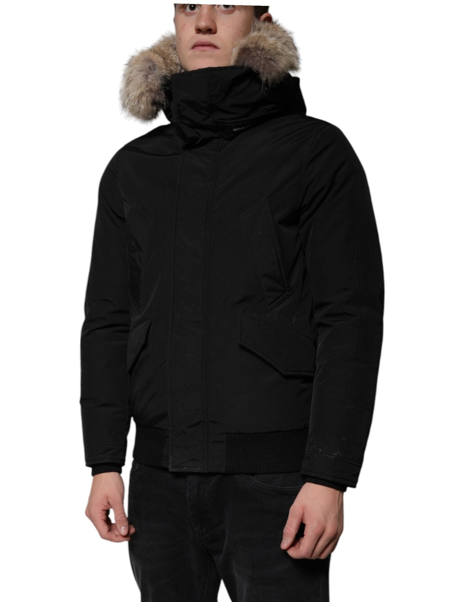 Woolrich Black Hooded Long Sleeves Fur Shearling Coat Jacket - RIMODA